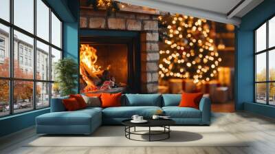 Cozy living room featuring a warm fire and a beautifully decorated Christmas tree, creating a festive atmosphere. Wall mural