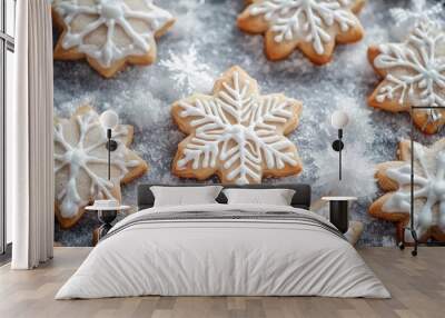 Deliciously decorated snowflake-shaped cookies dusted with powdered sugar, perfect for festive celebrations and winter gatherings. Wall mural