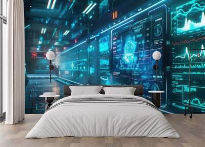 Futuristic digital workspace showcasing advanced technology with glowing interfaces and data visualizations. Wall mural