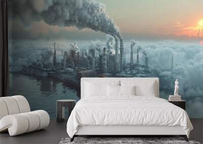 Industrial factory with chimneys emitting smoke surrounded by clouds, with a serene sunset over the water. Pollution and industrial landscape. Wall mural