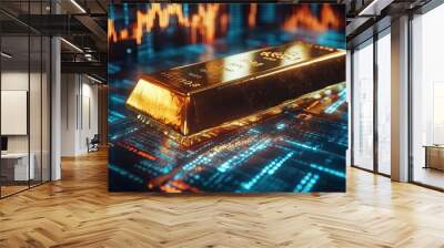 Shiny gold bar on a digital stock market background, symbolizing wealth and investment opportunities in the financial world. Wall mural