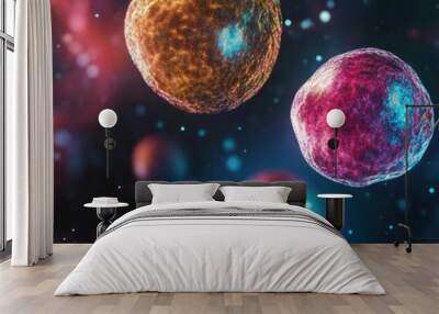 Vibrant illustration of colorful cells against a cosmic background, showcasing the beauty of microscopic life and the universe. Wall mural