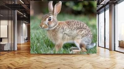 A brown rabbit with long ears stands in a green grassy field, looking to the side. Wall mural