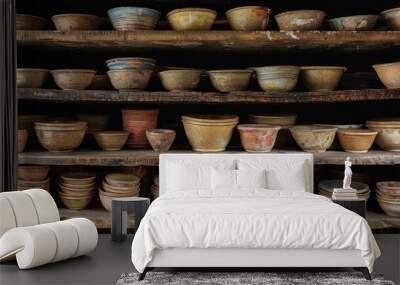 A collection of ceramic bowls of various sizes and colors, displayed on wooden shelves. Wall mural