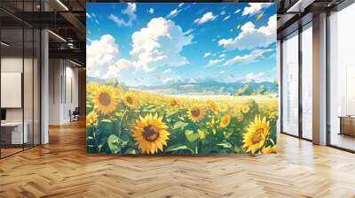 A vibrant field of sunflowers stretching as far as the eye can see, with a bright blue sky overhead manga cartoon style Wall mural