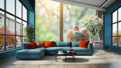 a wooden basket with easter eggs and flowers inside standing on a window sims, easter background Wall mural