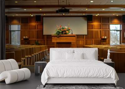 A wooden podium in front of a screen with rows of chairs in a wood-paneled room. Wall mural