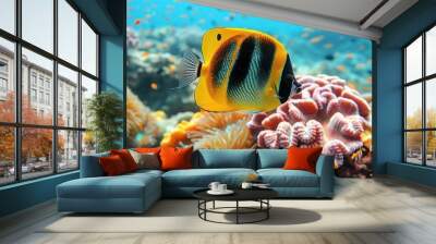 A yellow and black fish is swimming in front of a coral reef Wall mural