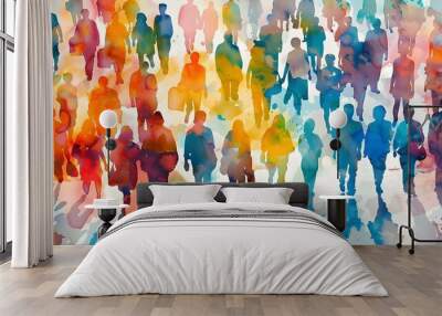 abstract crowd of people silhouette walking colorful watercolor illustration  Wall mural