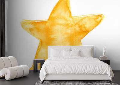 Simple abstract golden star painted in watercolor on clean white background. Illustration with rough canvas texture Wall mural