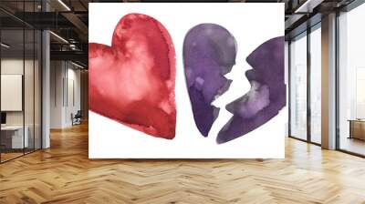 Two simple abstract hearts - one whole, one dark and broken. Illustration painted in watercolor on clean white background Wall mural