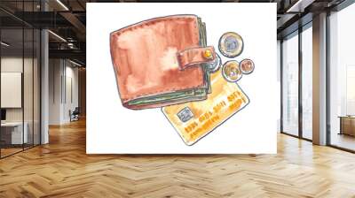 Wallet with cash, coins and credit card painted in watercolor on clean white background Wall mural