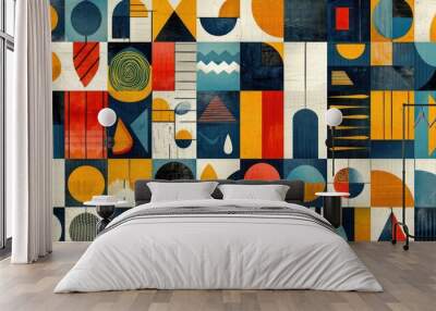 block print style geometric pattern, with intricate shapes and bold lines, against a minimalist flat color background Wall mural