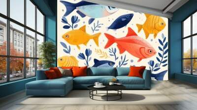 flat illustration of neon tetra fish with calming colors Wall mural