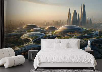 futuristic cityscape with sustainable architecture, green rooftops, and renewable energy sources Wall mural