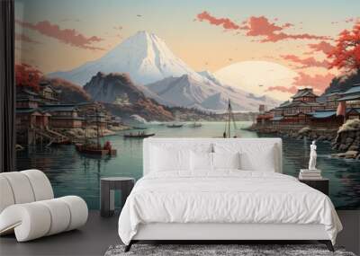 japanese art style landscape of seascape of a fishing village with traditional boats docked along the shore Wall mural