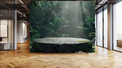 Stone platform pedestal in tropical forest for product presentation and green forest Wall mural