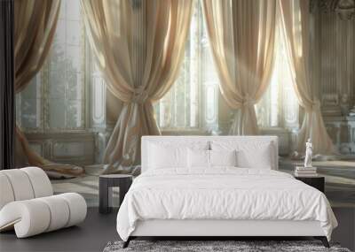 Sunlight streams through large windows with elegant drapes in a grand room. Wall mural