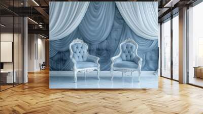 Two elegant white chairs with blue upholstery against a wall of draped blue and white fabric. Wall mural