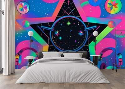 Vector illustration of a star with headphones on a multicolored background.Party poster. Wall mural