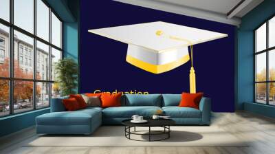 White graduation student hats with golden elementson dark background. Vector modern education cap Wall mural