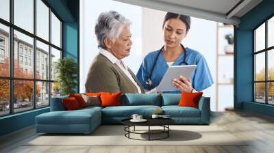 Healthcare, senior woman or doctor with tablet, patient or conversation with connection. Female person, employee or medical professional with mature lady, telehealth or support with diagnosis Wall mural