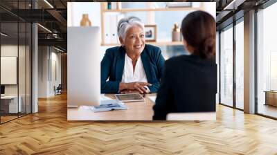 Meeting, talking or senior manager in job interview with business women in b2b negotiation discussion. Partnership collaboration, recruitment or lady speaking to hr management for hiring opportunity Wall mural