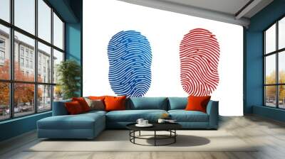 A collection of colorful fingerprint patterns, showcasing unique designs in blue and red on a clean white background. Wall mural