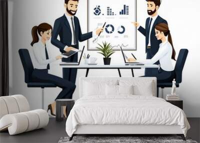 A diverse group of professionals engaged in a business meeting, presenting data analysis and collaborating at a modern workspace. Wall mural