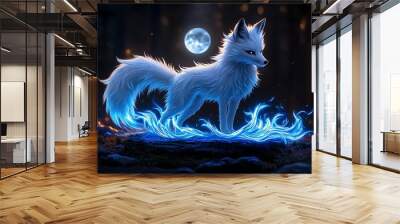 A mystical white fox standing gracefully on glowing blue waves under a full moon in a dark forest setting. Wall mural