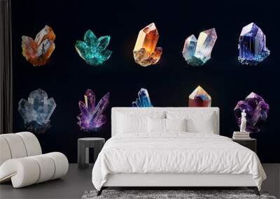 A stunning collection of colorful crystals showcasing diverse shapes and vibrant hues against a dark background. Wall mural