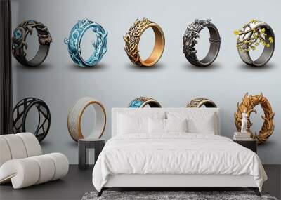 A stunning collection of unique rings featuring intricate designs and vibrant colors, perfect for showcasing elegance and style. Wall mural