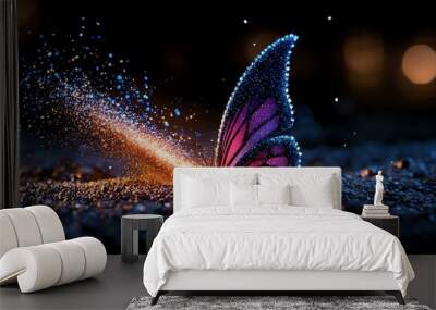 A vibrant butterfly wing creates a magical sparkle on a dark surface, capturing the essence of beauty and transformation. Wall mural