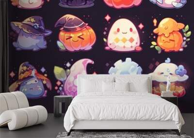 A whimsical collection of cute, colorful pumpkins, ghosts, and creatures in a magical Halloween-themed design. Wall mural