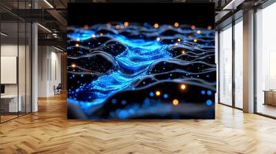 Abstract glowing waves with luminous particles, creating a mesmerizing visual effect in a dark environment. Wall mural