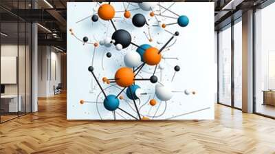 Abstract representation of molecules with vibrant colors and dynamic connections, perfect for science and technology themes. Wall mural