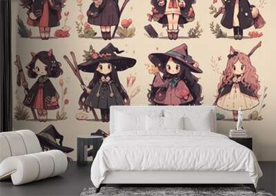 Charming collection of whimsical witch illustrations featuring diverse styles and magical accessories in a playful setting. Wall mural