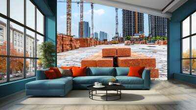 Construction site with stacks of bricks, cranes, and modern buildings under development against a clear blue sky. Wall mural