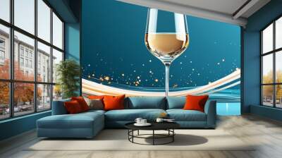 Elegant wine glass filled with golden beverage, set against a shimmering blue background with artistic light swirls. Wall mural