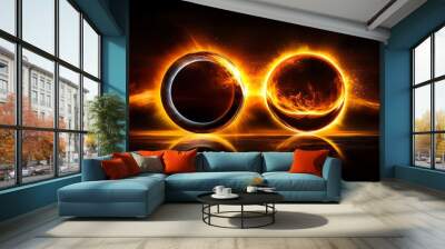 Futuristic design featuring two glowing celestial circles emanating fiery light against a dark backdrop. Wall mural