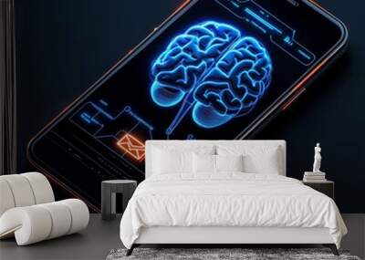 Innovative smartphone design showcasing a digital brain and email icon, highlighting technology and neuroscience integration. Wall mural