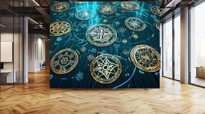 Magical symbols and golden coins create an enchanting atmosphere, perfect for fantasy themes and mystical designs. Wall mural