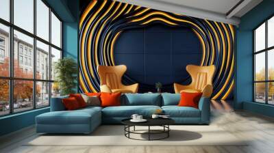 Stylish interior featuring two modern orange chairs in front of a wavy black and orange wall design. Wall mural