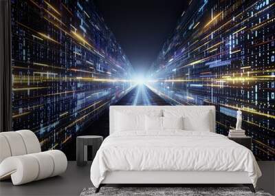 Futuristic Abstract Digital Background with Glowing Lights and Illuminated Tunnel in Dark Blue. Cyberpunk Concept of Data Technology with Colorful Particles Creating a High-Resolution, Hyper-Detail Di Wall mural