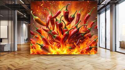 Fiery Explosion of Chili Peppers in a Hellish Scene. Perfect for: Hot sauce promotions, Food festivals, Spicy food challenges Wall mural