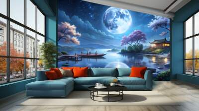 Moonlit Night Scene, Dreamy Reverie. Perfect for: Halloween, Moon festivals, Nighttime events Wall mural