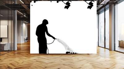 Man gardener watering flowers, roses with hose silhouette Wall mural