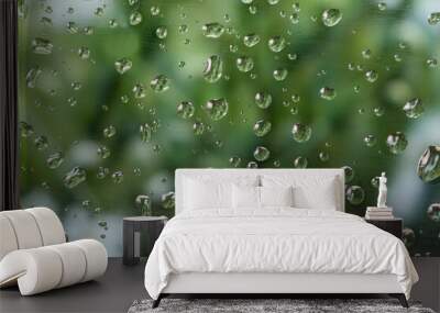 Raindrops on the window. Blurred summer landscape view. Abstract background. Selective focus Wall mural