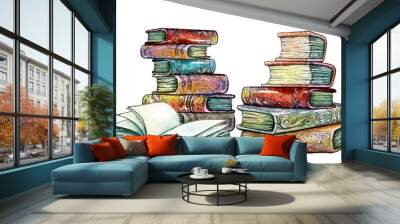 Drawn stacks of old books with beautiful color covers Wall mural