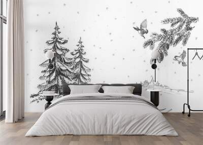 hand drawn landscape with with two firs, hills, spruce branches and birds. vintage vector illustrati Wall mural